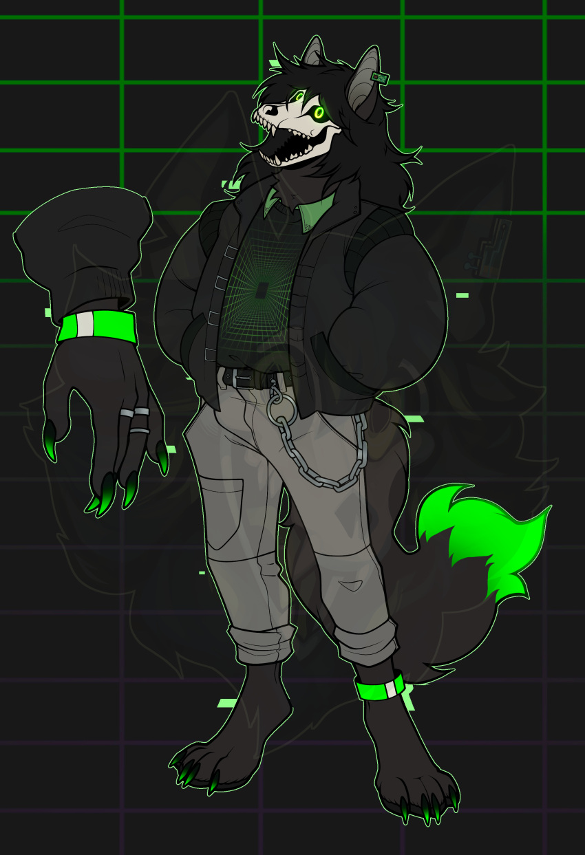 absurd_res anthro black_body black_fur black_hair bone canid canine canis chain claws clothing ear_piercing fur fuzzy glowing glowing_eyes green_eyes grubbyguillotine hair hi_res jacket jewelry mal male malo malo_v2.0 mammal open_mouth paws piercing ring scp-1471 scp-1471-a scp_foundation skull skull_head solo teeth topwear virtual_youtuber vtuber wolf youtuber