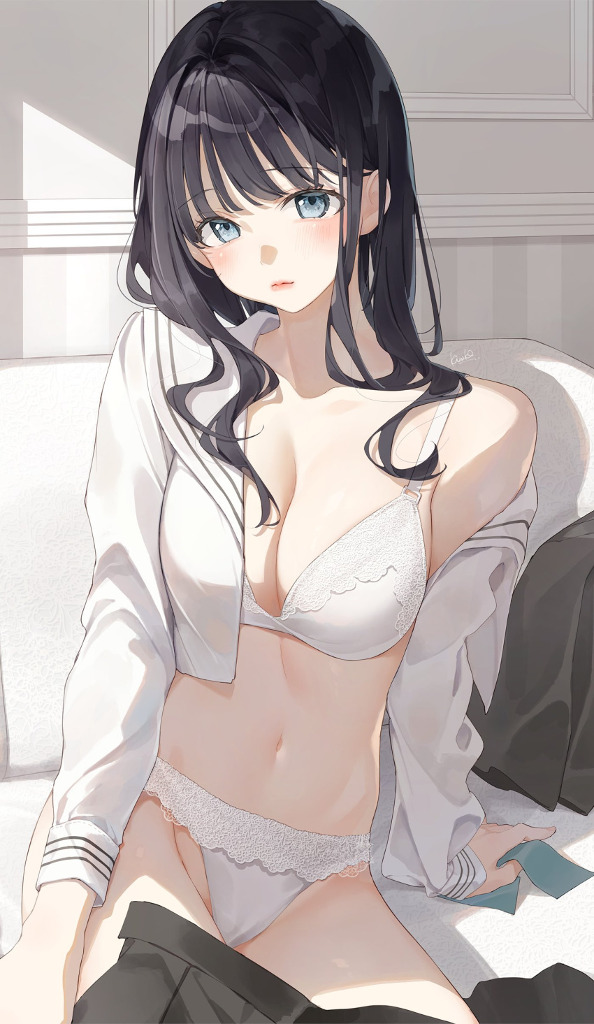 1girl absurdres arm_support bangs black_hair black_skirt blush bra breasts cleavage closed_mouth collarbone commentary cowboy_shot crop_top grey_eyes groin hair_behind_ear highres holding indoors kinako_(shiratama_mochi) lace-trimmed_bra lace-trimmed_panties lace_trim leaning_to_the_side lips long_hair long_sleeves looking_at_viewer medium_breasts navel open_clothes open_shirt open_skirt original panties pleated_skirt sailor_collar shirt sidelocks signature single_bare_shoulder sitting skirt solo stomach thighs underwear undressing white_bra white_panties white_sailor_collar white_shirt