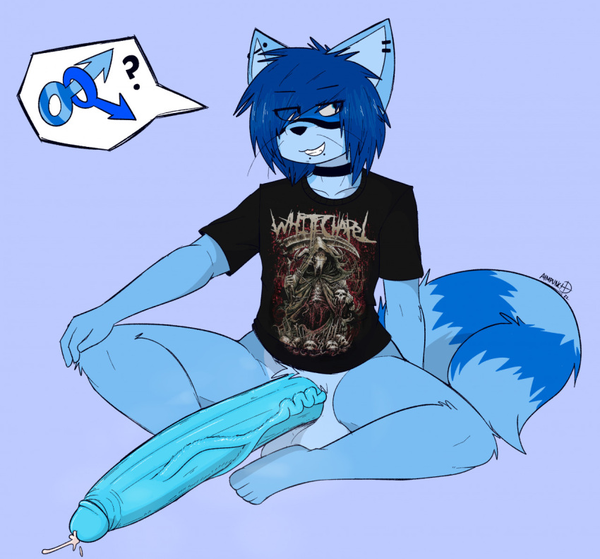 aimpunch anthro azura_(aimpunch) balls big_balls big_penis blue_body blue_fur blue_hair blue_penis bodily_fluids bottomless bottomless_male choker clothed clothing emo eye_through_hair fur genital_fluids genitals hair huge_balls huge_penis humanoid_genitalia humanoid_penis hyper hyper_balls hyper_genitalia hyper_penis inviting jewelry long_penis male mammal markings necklace penis pictographics precum procyonid raccoon sitting sitting_on_ground solo striped_markings striped_tail stripes tail_markings translucent translucent_hair vein veiny_penis