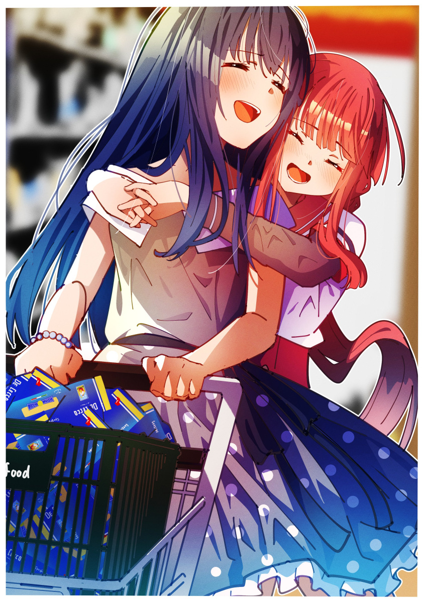 2girls :d absurdres bangs black_sleeves blue_hair blunt_bangs blurry blurry_background border bow bracelet buttons closed_eyes cowboy_shot cruzango0510 dress frilled_dress frills grey_dress highres hug indoors jewelry kamihama_university_affiliated_school_uniform layered_sleeves long_hair long_sleeves low_ponytail magia_record:_mahou_shoujo_madoka_magica_gaiden mahou_shoujo_madoka_magica medium_dress multiple_girls nanami_yachiyo open_mouth outline pink_hair polka_dot polka_dot_dress red_sailor_collar sailor_collar school_uniform shirt shopping_cart short_over_long_sleeves short_sleeves sidelocks smile tamaki_iroha waist_bow white_border white_outline white_shirt