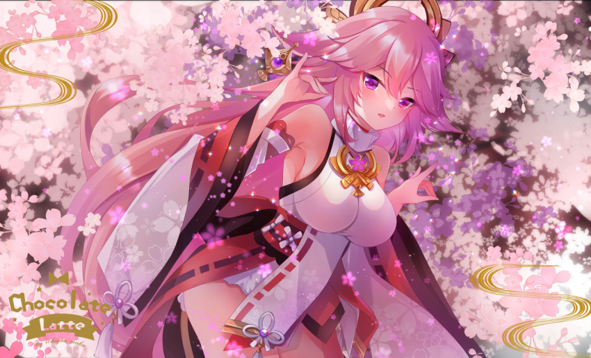 1girl :d bangs bare_shoulders breasts commentary_request detached_sleeves double_fox_shadow_puppet flower fox_shadow_puppet genshin_impact hair_between_eyes hands_up ichiyou_moka large_breasts long_hair long_sleeves looking_at_viewer petals pink_flower pink_hair purple_eyes shirt smile solo very_long_hair white_shirt white_sleeves wide_sleeves yae_miko