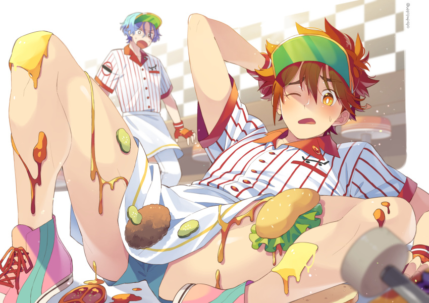 2boys apron arm_behind_head blue_hair burger collared_shirt food hasegawa_langa highres ketchup kyan_reki lettuce male_focus multiple_boys mustard one_eye_closed orange_eyes orange_hair shirt shoes short_shorts shorts sk8_the_infinity sneakers spread_legs tomato uppi visor_cap waist_apron