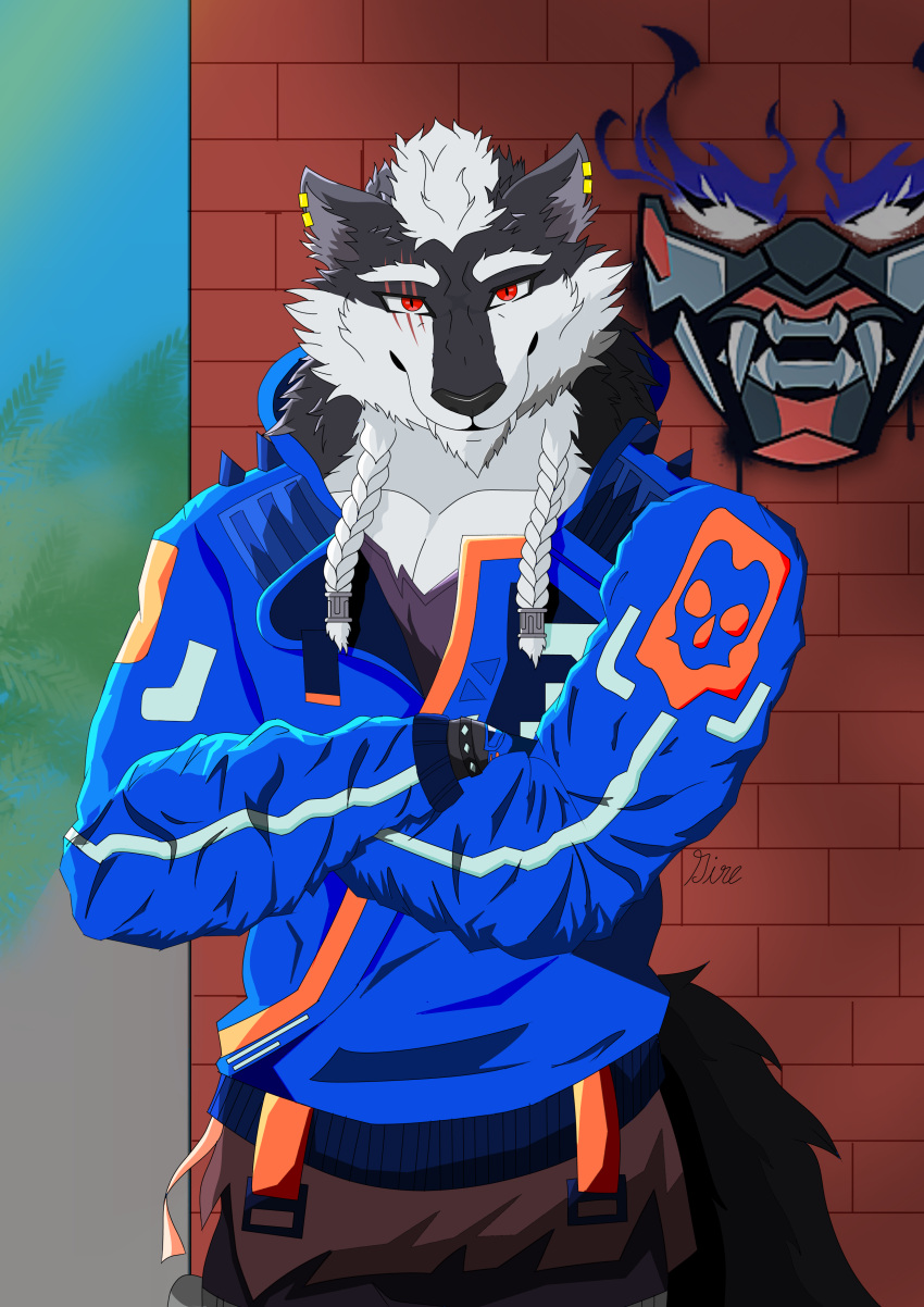 absurd_res anthro black blue bone bracelet braided_hair brown canid canine canis clothing crossed_arms dark_blue direlaxion fur graffiti grey hair hi_res humanoid jacket jewelry male mammal mohawk orange red red_eyes ring scar skull solo spikes straps topwear white wolf yoru