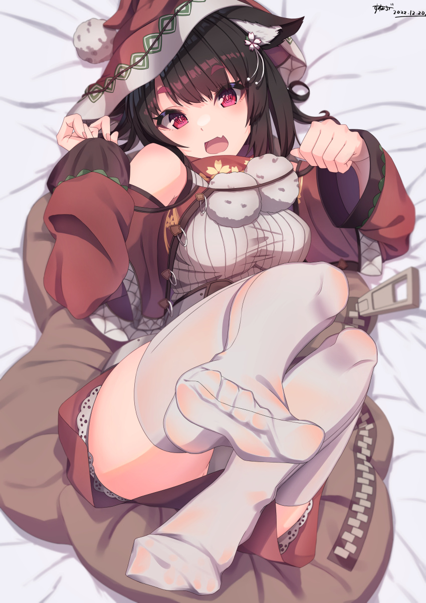 1girl absurdres animal_ear_fluff animal_ears artist_name azur_lane bell black_hair bobblehat capelet cat_ears cat_girl christmas dated fang feet hair_ornament highres jingle_bell lying no_shoes official_alternate_costume on_back open_mouth panties pantyshot paw_pose red_capelet red_eyes red_hood sack santa_costume shirt short_hair skin_fang smile soles striped striped_shirt sunebu_(snake_boo2) thighhighs underwear vertical-striped_shirt vertical_stripes white_thighhighs yamashiro_(azur_lane) yamashiro_(holiday_offensive)_(azur_lane) zipper