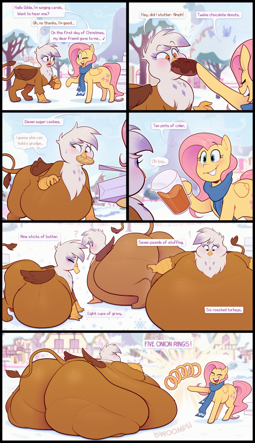 absurd_res avian beak belly big_belly big_butt brown_body butt butter christmas cider comic dairy_products dessert dialogue digital_media_(artwork) doughnut duo english_text equid equine feathered_wings feathers feeding female feral fluttershy_(mlp) food force_feeding forced friendship_is_magic gilda_(mlp) gryphon hair hasbro hi_res holidays huge_butt huge_filesize hyper hyper_belly hyper_butt mammal morbidly_obese morbidly_obese_female morbidly_obese_feral my_little_pony mythological_avian mythology obese obese_female obese_feral onion_rings open_mouth open_smile overweight overweight_female overweight_feral pegasus pink_hair pink_tail ridiculouscake scarf sequence singing smile snow tail_tuft text tuft weight_gain white_body white_feathers wings yellow_beak yellow_body