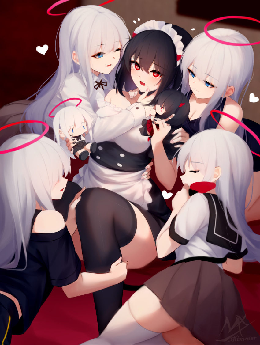 5girls ;d @_@ absurdres alternate_costume angel_and_devil angel_girl_(shimmer) apron bangs black-haired_demon_girl_(shimmer) black_dress black_hair black_sailor_collar black_tank_top black_thighhighs blue_eyes breasts brown_skirt character_doll character_request cleavage collared_shirt commentary_request demon_girl demon_horns demon_tail doll dress enmaided fang frilled_apron frills hair_between_eyes halo heart highres holding holding_doll horns long_hair maid maid_headdress medium_breasts multiple_girls multiple_persona one_eye_closed original pleated_skirt puffy_short_sleeves puffy_sleeves red_eyes sailor_collar school_uniform serafuku shimmer shirt short_sleeves skirt smile tail tail_grab tank_top thighhighs very_long_hair waist_apron white_apron white_hair white_shirt yuri