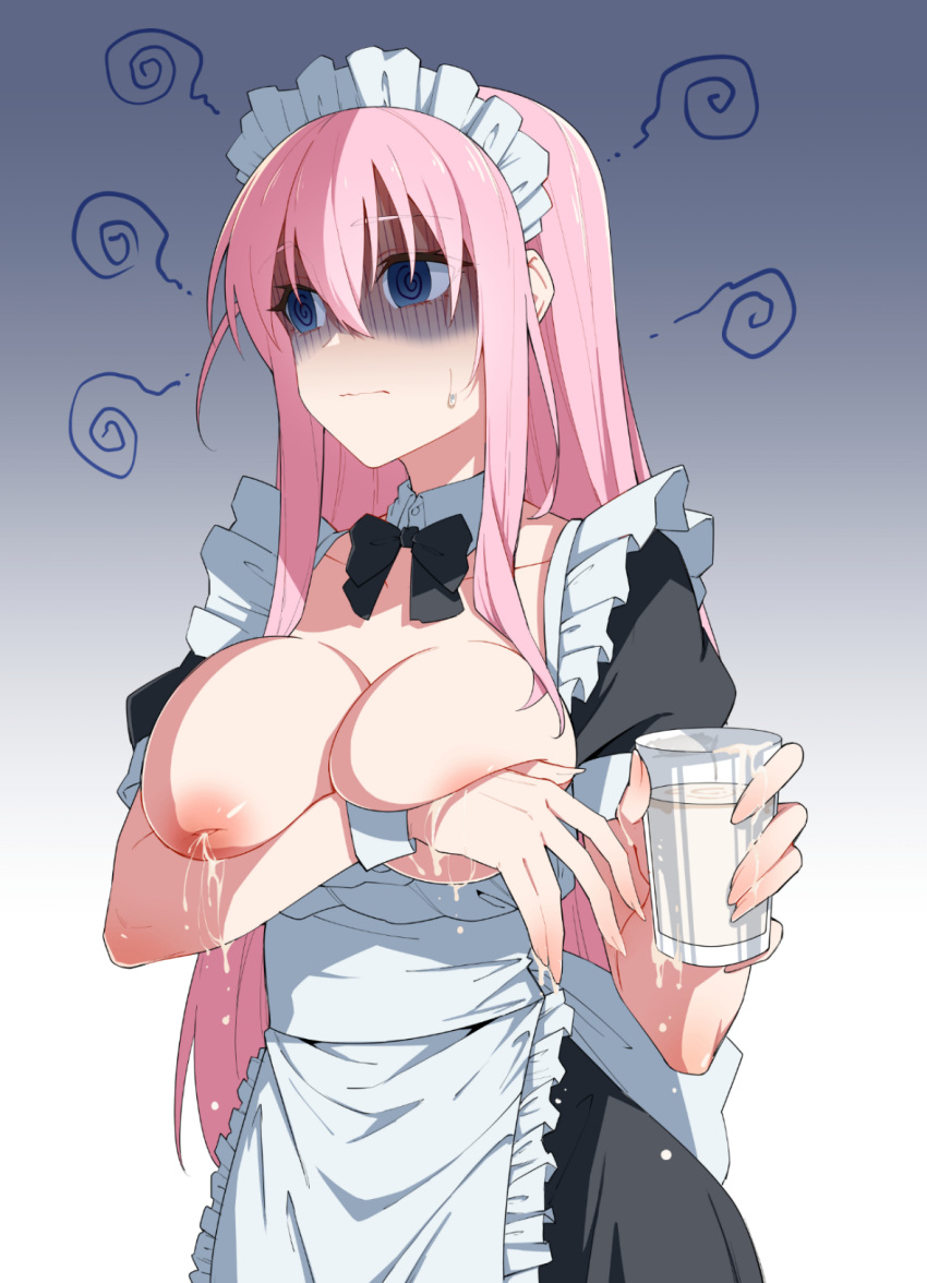 1girl @_@ alternate_costume apron bangs black_bow black_bowtie black_dress blue_eyes blush bocchi_the_rock! bow bowtie breast_milk breasts chubb closed_mouth collarbone covering covering_breasts cube_hair_ornament cup detached_collar dress enmaided frilled_apron frilled_headwear frills gotou_hitori gradient gradient_background hair_ornament highres holding holding_cup lactation large_breasts long_hair looking_to_the_side maid nipples one_side_up pink_hair short_sleeves solo sweatdrop two-tone_background white_apron white_headwear