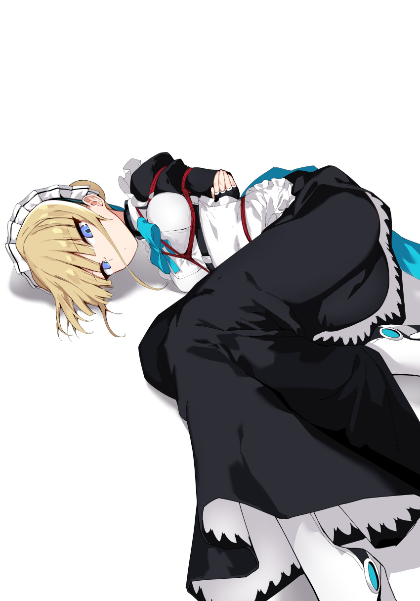 1girl absurdres apron arms_behind_back bdsm blonde_hair blue_archive blue_bow blue_bowtie bondage bound bound_arms bow bowtie breast_bondage closed_mouth crotch_rope expressionless frilled_apron frills highres kinbakuman large_bow looking_at_viewer maid_headdress red_rope restrained rope shibari shibari_over_clothes short_hair solo tied_up_(nonsexual) toki_(blue_archive)