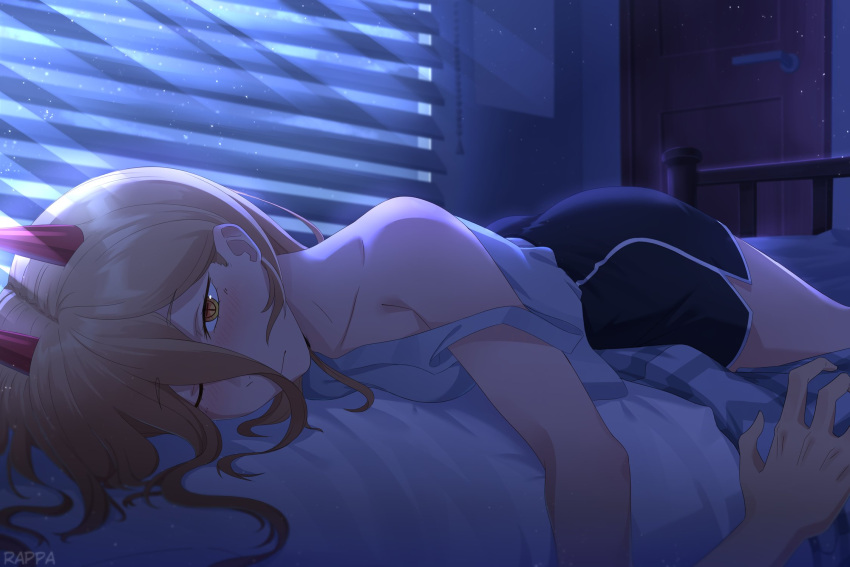 1girl artist_name black_shorts blinds blonde_hair blush chainsaw_man cross-shaped_pupils dark hair_between_eyes highres horns light_rays long_hair looking_at_viewer lying off_shoulder on_bed on_stomach power_(chainsaw_man) rappa red_horns shorts solo_focus symbol-shaped_pupils tank_top white_tank_top yellow_eyes
