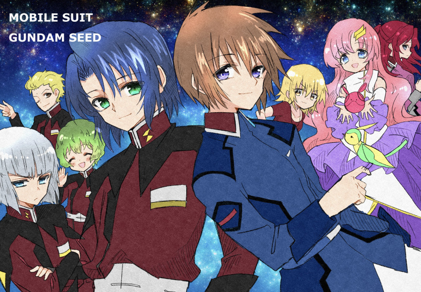 3girls 5boys aqua_eyes athrun_zala bangs bare_shoulders bird bird_on_hand blonde_hair blue_eyes blue_hair blue_jacket blunt_bangs blunt_ends bob_cut brown_eyes brown_hair cagalli_yula_athha closed_eyes crossed_arms dearka_elsman detached_sleeves dress flay_allster green_eyes green_hair grey_hair gundam gundam_seed hair_between_eyes hair_ornament hair_slicked_back hairclip haro high_collar highres jacket kira0902 kira_yamato lacus_clyne long_hair long_sleeves military military_uniform multiple_boys multiple_girls nicol_amafli one_eye_closed parted_bangs pink_hair ponytail purple_dress purple_jacket red_hair red_jacket red_shirt shirt short_hair two-tone_dress uniform upper_body waving wavy_hair white_dress yzak_joule