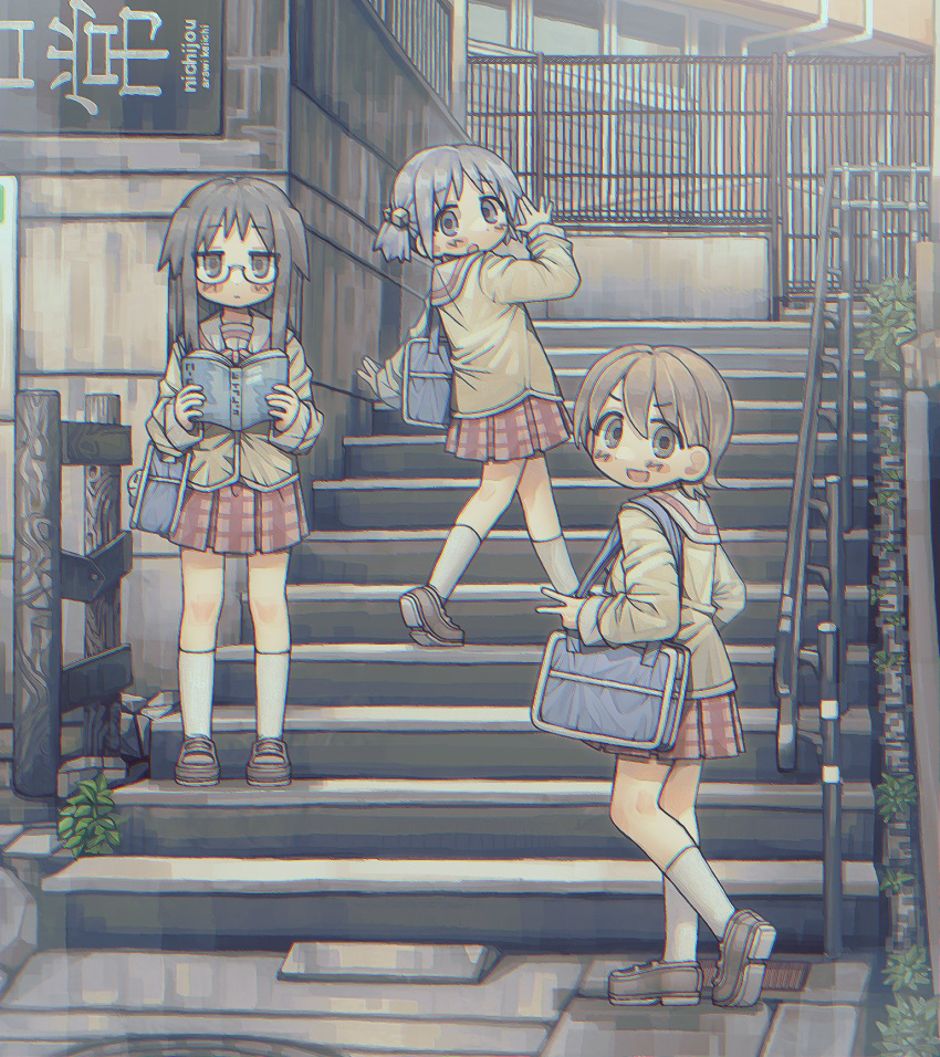 3girls aioi_yuuko bag black_eyes black_hair blue_eyes blue_hair blush book brown_eyes brown_footwear brown_hair closed_mouth cube_hair_ornament duffel_bag expressionless glasses hair_ornament highres holding holding_book loafers long_hair looking_at_viewer minakami_mai multiple_girls naganohara_mio nichijou parted_lips pleated_skirt railing red_skirt rnfhv school_uniform shoes short_hair short_twintails skirt smile socks stairs standing twintails white_socks