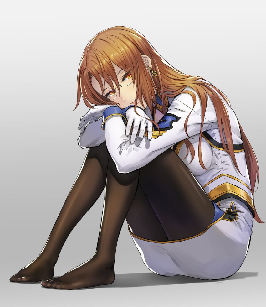 1girl arms_on_knees bangs breasts brown_hair brown_pantyhose character_request copyright_request earrings feet fine_fabric_emphasis fukukitaru full_body glasses gloves gold_trim gradient gradient_background grey_background highres jacket jewelry knees_together_feet_apart knees_up large_breasts legs long_hair long_legs long_sleeves military military_uniform no_shoes orange_eyes pantyhose parted_lips pencil_skirt shiny shiny_clothes shiny_hair sidelocks sitting skirt solo thighs toes uniform white_gloves white_jacket white_skirt