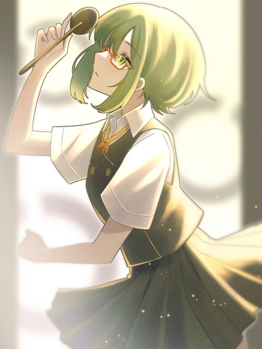 1girl absurdres arm_up bangs blurry blurry_background buttons collared_shirt double-breasted eye_chart from_side glasses green_eyes green_hair gumi highres holding landolt_c looking_up occluder parted_lips pleated_skirt profile red-framed_eyewear shirt shiryoku_kensa_(vocaloid) short_hair short_sleeves skirt solo tsumurimai vest vocaloid