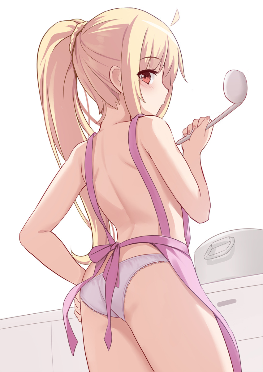 1girl ahoge apron back bangs bare_shoulders blonde_hair blush bocchi_the_rock! breasts commentary_request cooking_pot highres ijichi_nijika ladle long_hair looking_at_viewer looking_back nearly_naked_apron panties pink_apron red_eyes shimokirin side_ponytail sidelocks small_breasts solo stove thighs underwear white_panties