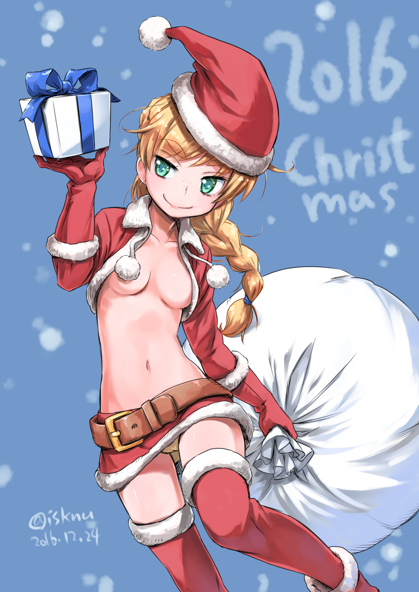 1girl 2016 absurdres bangs belt blonde_hair braid braided_ponytail breasts brown_belt christmas closed_mouth commentary_request convenient_censoring dated elbow_gloves english_text fur-trimmed_jacket fur-trimmed_skirt fur-trimmed_thighhighs fur_trim gift gloves green_eyes hair_tie hat highres holding holding_gift holding_sack isedaichi_ken jacket long_hair looking_at_viewer microskirt navel no_bra no_shirt original red_gloves red_headwear red_jacket red_skirt red_thighhighs sack santa_costume santa_hat shrug_(clothing) single_braid skirt small_breasts smile solo standing standing_on_one_leg thighhighs twitter_username