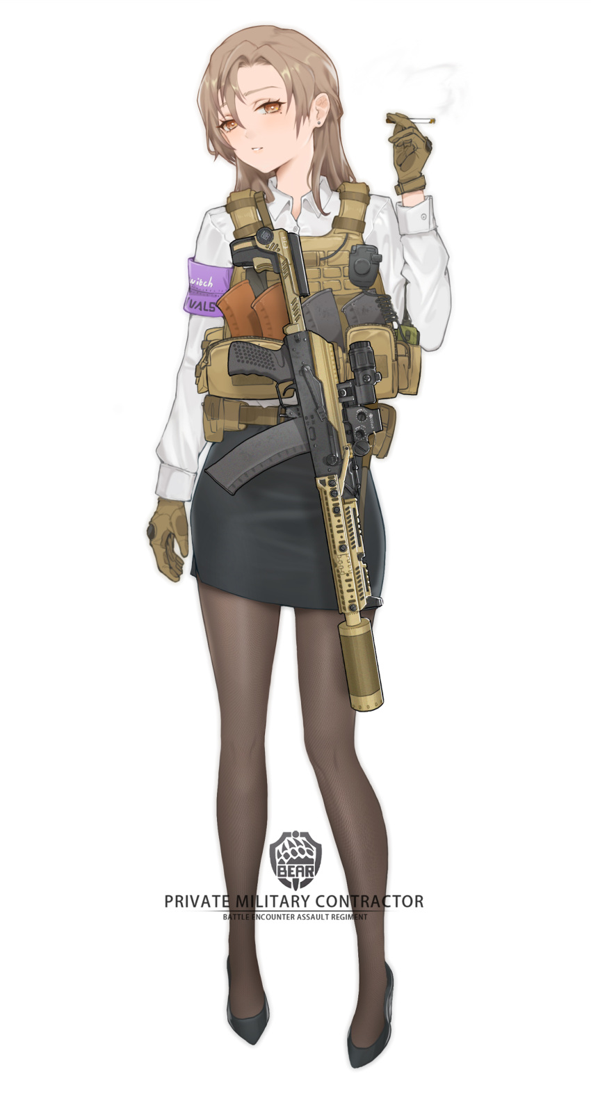 1girl absurdres ammunition_pouch arm_at_side armband assault_rifle bangs belt black_footwear black_pantyhose black_skirt body_armor brown_belt brown_eyes brown_gloves brown_hair bulletproof_vest cable cigarette collared_shirt earrings english_text eotech escape_from_tarkov full_body gloves gun highres holding jewelry kalashnikov_rifle load_bearing_vest logo long_hair long_sleeves looking_away magazine_(weapon) mole mole_under_eye office_lady optical_sight original pantyhose parted_bangs parted_lips pencil_skirt plate_carrier pouch purple_armband rifle shirt simple_background skirt smoking solo somnuss standing stud_earrings utility_belt walkie-talkie weapon weapon_request white_background white_shirt
