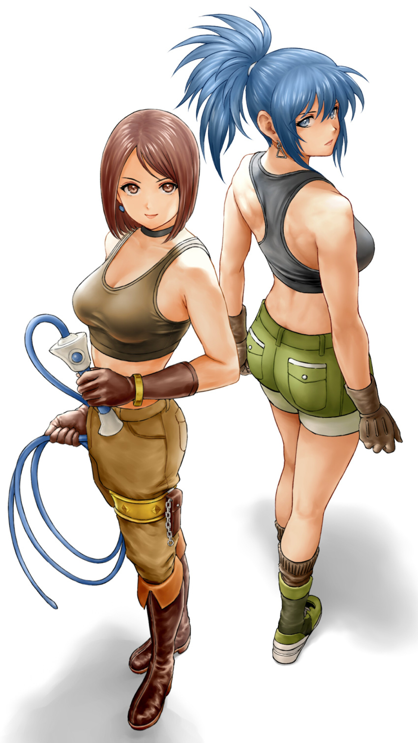 2girls ass back back-to-back bangle bangs black_choker black_shirt blue_eyes blue_hair bob_cut boots bracelet breasts brown_eyes brown_footwear brown_gloves brown_hair brown_pants choker cleavage crop_top earrings from_above full_body gloves green_shorts halterneck highres holding holding_whip holster jewelry knee_boots leona_heidern long_hair looking_at_viewer looking_back midriff multiple_girls muscular muscular_female pants parted_bangs ponytail shirt short_hair shorts simple_background sleeveless sleeveless_shirt standing the_king_of_fighters thigh_holster whip whip_(kof) white_background x_chitch