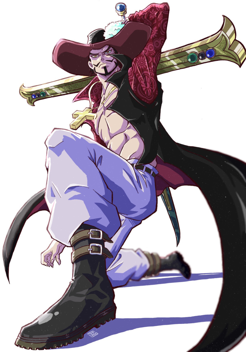 1boy abs arm_up beard belt black_footwear black_hair black_headwear black_jacket boots brown_eyes closed_mouth coattails collared_jacket commentary_request cross cross_necklace dracule_mihawk facial_hair hat hat_feather high_collar highres holding holding_sword holding_weapon jacket jewelry joutaro195 kneeling latin_cross long_sleeves looking_at_viewer male_focus mustache necklace one_knee one_piece open_clothes open_jacket pants red_jacket short_hair simple_background solo sword two-sided_fabric two-sided_jacket weapon white_background white_pants yoru_(sword)
