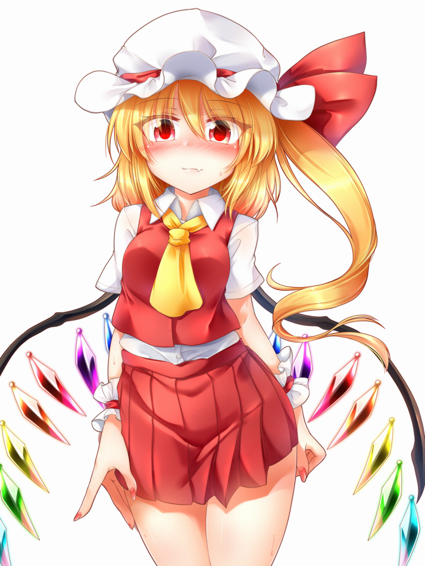 1girl alternate_breast_size ascot blonde_hair blush breasts buttons closed_mouth collared_shirt cowboy_shot crystal dress_shirt fang fang_out flandre_scarlet hair_between_eyes hat hat_ribbon highres long_hair marukyuu_ameya medium_breasts miniskirt mob_cap multicolored_wings nail_polish nose_blush red_eyes red_nails red_ribbon red_skirt red_vest ribbon shirt short_sleeves simple_background skin_fang skirt solo touhou vest white_background white_shirt wings wrist_cuffs yellow_ascot