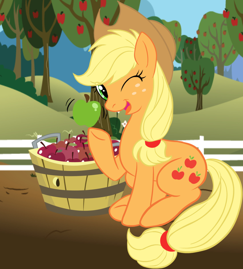 2013 apple applejack_(mlp) blonde_hair clothing cowboy_hat cutie_mark digital_media_(artwork) earth_pony equid equine eyelashes female fence feral freckles friendship_is_magic g-blue16 green_eyes hair hasbro hat headgear headwear hi_res hooves horse looking_at_viewer mammal my_little_pony one_eye_closed open_mouth open_smile orange_body orchard pony smile solo wink winking_at_viewer yellow_tail