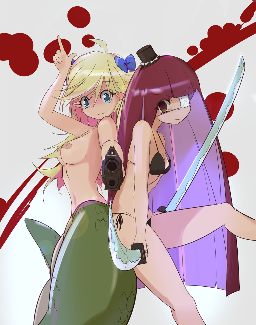 2girls ahoge aiming_at_viewer alternate_hairstyle archived_source bandaid bandaids_on_nipples bangs black_bra blonde_hair blood blood_splatter blue_eyes blue_ribbon blunt_bangs bra breasts brown_eyes closed_mouth cosplay dual_wielding empty_eyes english_commentary eyepatch feet_out_of_frame finger_gun gun hair_ribbon hanazono_yurine handgun hat highres hime_cut holding jashin-chan jashin-chan_dropkick katana lamia light_frown light_smile long_hair looking_at_viewer medical_eyepatch medium_breasts mini_hat mini_top_hat minos_drawfag monster_girl multiple_girls nude panties panty_&amp;_stocking_with_garterbelt panty_(psg) panty_(psg)_(cosplay) pasties pointy_ears red_hair ribbon side-tie_panties small_breasts snake_tail stocking_(psg) stocking_(psg)_(cosplay) sword tail top_hat underwear underwear_only very_long_hair weapon