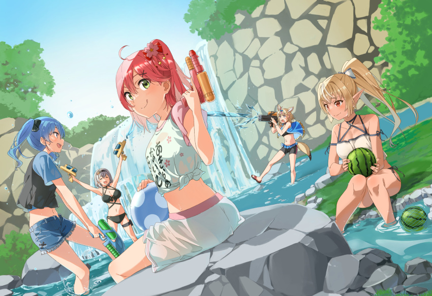ahoge animal_ears bikini black_bikini blonde_hair blue_eyes blue_hair blue_vest blush breasts cleavage cliff closed_eyes delf denim denim_shorts dual_wielding food fox_ears fox_tail from_behind fruit green_eyes grey_hair hairband highres holding hololive hoshimachi_suisei lake large_breasts looking_back medium_breasts midriff miniskirt navel omaru_polka one_side_up open_mouth pink_hair pointy_ears ponytail red_eyes sakura_miko sandals shiranui_flare shirogane_noel shirt short_shorts shorts side-tie_bikini_bottom side_ponytail sitting skirt sky smile soaking_feet spaghetti_strap super_soaker swimsuit tail tank_top thigh_strap tied_shirt trigger_discipline twintails two-tone_shirt vest virtual_youtuber wading water waterfall watermelon wet wet_clothes white_skirt white_tank_top