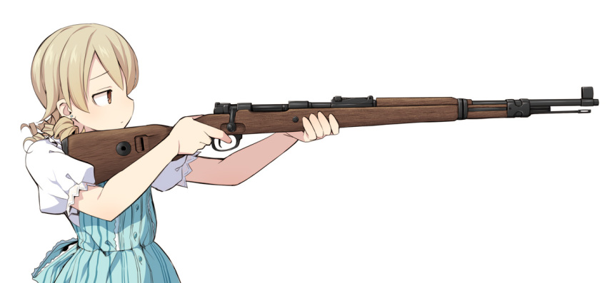 1girl aiming blue_dress bolt_action brown_eyes dress drill_hair earrings expressionless gun holding holding_weapon idolmaster idolmaster_cinderella_girls jewelry light_brown_hair mauser_98 medium_hair morikubo_nono profile puffy_short_sleeves puffy_sleeves rifle ringlets shirt short_sleeves simple_background solo stud_earrings uccow upper_body weapon white_background white_shirt