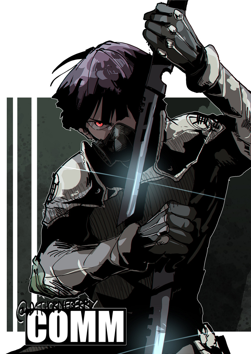 1boy absurdres bangs black_hair bodysuit commission dual_wielding glint highres holding holding_sword holding_weapon hoshina_soshiro isaac_(screwballcomic) kaijuu_no._8 looking_at_viewer mask mouth_mask one_eye_covered red_eyes sheath short_hair simple_background solo sword twitter_username unsheathing weapon white_background