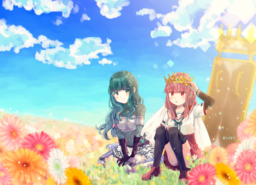 2girls aqua_hair aqua_ribbon aqua_sweater armor armored_boots bangs black_sleeves black_thighhighs blue_sky blunt_bangs blush boots braid breast_pocket breastplate brown_footwear brown_gloves crown crown_(symbol) elbow_gloves field flower flower_field fold-over_gloves frilled_skirt frills futaba_sana gloves grass green_eyes hair_down kamihama_university_affiliated_school_uniform layered_sleeves loafers long_hair long_sleeves looking_at_another looking_at_viewer magia_record:_mahou_shoujo_madoka_magica_gaiden mahou_shoujo_madoka_magica miniskirt multiple_girls neck_ribbon orange_flower outdoors parted_lips pink_flower pink_hair plaid plaid_skirt pleated_skirt pocket red_eyes red_sailor_collar red_skirt ribbon sailor_collar school_uniform serafuku shield shirt shoes short_over_long_sleeves short_sleeves side_braids sidelocks sitting skirt sky smile sweater tamaki_iroha thigh_boots thighhighs totte triangle_mouth turtleneck turtleneck_sweater twin_braids twitter_username wariza wavy_hair white_flower white_shirt white_skirt yellow_flower zettai_ryouiki