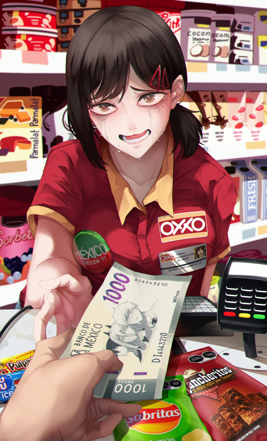 2boys 2girls absurdres badge bangs black_hair button_badge cash_register cashier chainsaw_man collared_shirt copyright_request counter crying denji_(chainsaw_man) disembodied_limb employee_uniform hair_between_eyes hair_ornament hairclip hayakawa_aki higashiyama_kobeni highres holding holding_money horns inkspirate kitkat lays_potato_chip looking_at_viewer medium_hair mole mole_under_eye mole_under_mouth money multiple_boys multiple_girls multiple_moles name_tag open_mouth pov power_(chainsaw_man) reaching_towards_viewer red_shirt shirt short_ponytail side_ponytail single_sidelock solo_focus swept_bangs topknot uniform