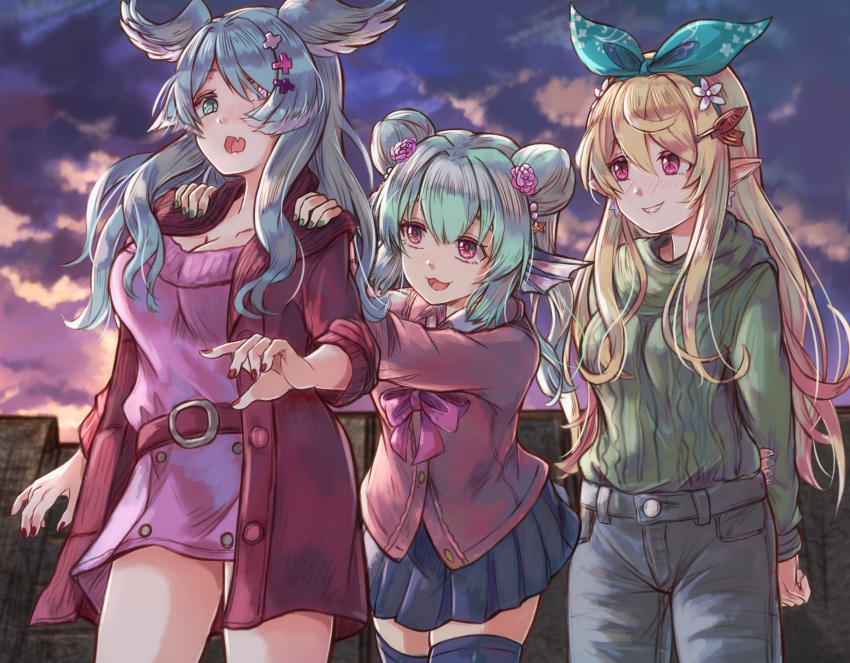 3girls :d aran_sweater arm_behind_back arm_grab bangs black_pants blonde_hair blue_hair blue_nails blue_ribbon blue_skirt blue_wings breasts brown_jacket cable_knit cleavage cloud cloudy_sky collared_shirt commentary denim double_bun dress elira_pendora english_commentary fang feathered_wings finana_ryugu flower green_eyes green_nails green_sweater grin hair_between_eyes hair_bun hair_flower hair_ornament hair_over_one_eye hair_ribbon hands_on_another's_shoulders head_fins head_wings heterochromia highres hikari_niji jacket jeans long_hair long_sleeves medium_breasts multiple_girls nail_polish nijisanji open_clothes open_jacket outdoors pants pink_dress pleated_skirt pointy_ears pomu_rainpuff purple_eyes purple_nails red_eyes red_jacket ribbon shirt skirt sky smile sunset sweater very_long_hair virtual_youtuber white_flower white_shirt wings