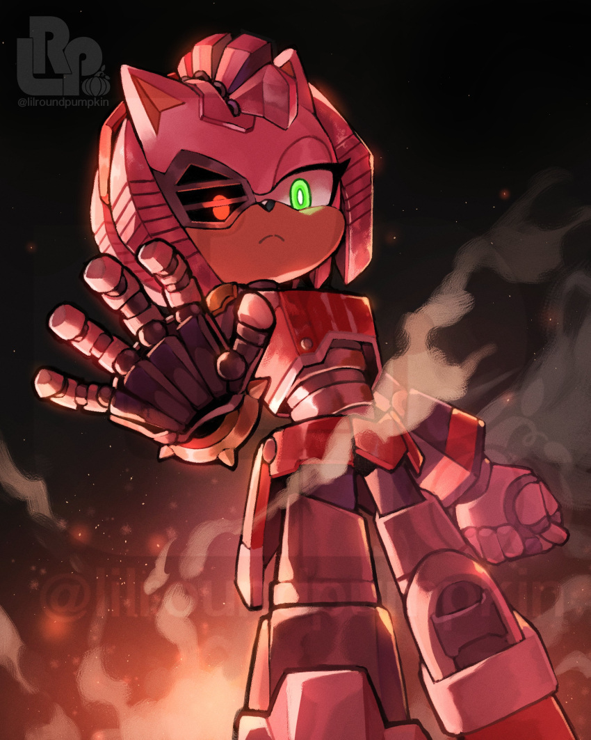 2022 absurd_res amy_rose anthro artist_logo artist_name bionic_eye bionics black_nose cybernetic_arm cybernetic_eye cybernetic_hair cybernetic_leg cybernetic_limb cybernetic_torso cybernetics cyborg eulipotyphlan female fire glowing glowing_eyes green_eyes hedgehog hi_res lilroundpumpkin logo machine mammal pink_body red_body red_eyes rusty_rose sega smoke solo sonic_prime sonic_the_hedgehog_(series) watermark