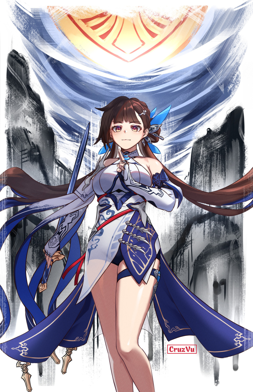 1girl absurdres artist_name bangs bare_shoulders breasts brown_eyes brown_hair china_dress chinese_clothes closed_mouth cruzvu dress elbow_gloves fingerless_gloves gloves highres holding holding_sword holding_weapon honkai_(series) honkai_impact_3rd large_breasts li_sushang li_sushang_(jade_knight) looking_at_viewer smile solo sword weapon white_dress white_gloves
