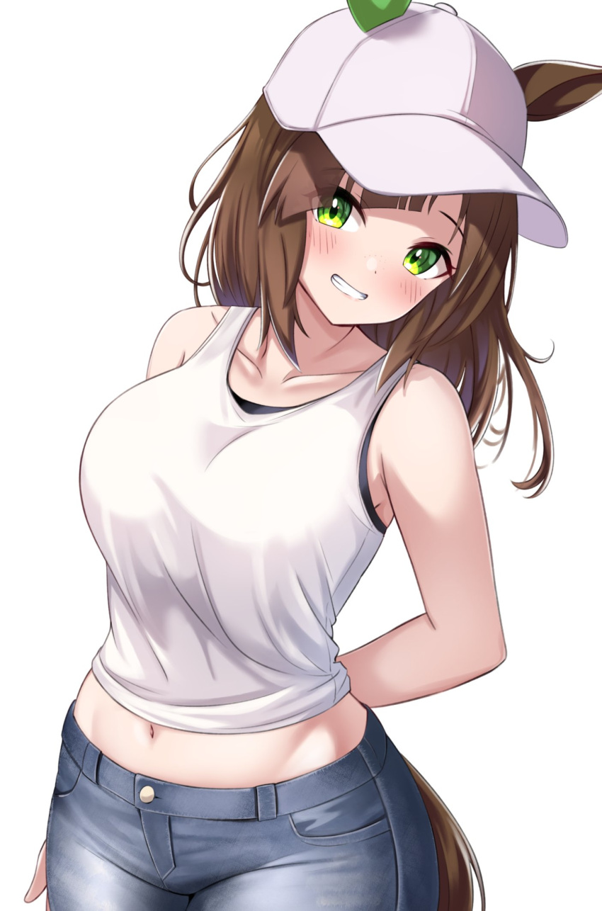 1girl bangs bare_arms bare_shoulders baseball_cap blush breasts brown_hair collarbone commentary_request cowboy_shot crop_top ears_through_headwear green_eyes grin hat herohero_(higashi_no_dou) highres ines_fujin_(umamusume) large_breasts long_hair looking_at_viewer midriff navel pants simple_background smile solo standing tail tank_top umamusume white_background white_headwear white_tank_top