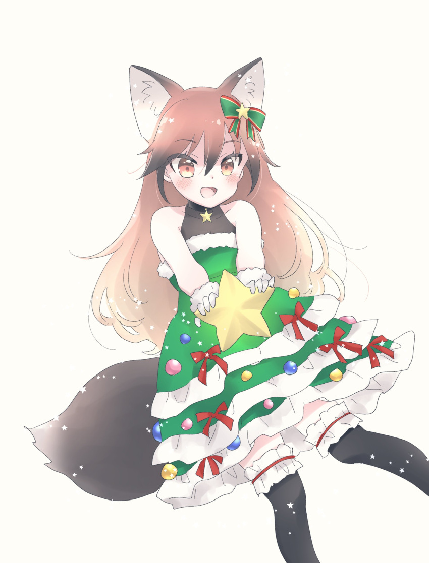 1girl absurdres alternate_costume animal_ears black_choker black_hair black_thighhighs choker christmas_tree_costume dress extra_ears fox_ears fox_girl fox_tail frilled_dress frilled_thighhighs frills fur_trim gloves green_dress highres jewelry kemono_friends kuromitsu_(9633_kmfr) long_hair multicolored_hair necklace orange_eyes orange_hair red_fox_(kemono_friends) sidelocks sleeveless solo star_(symbol) star_necklace tail thighhighs white_fur white_gloves zettai_ryouiki