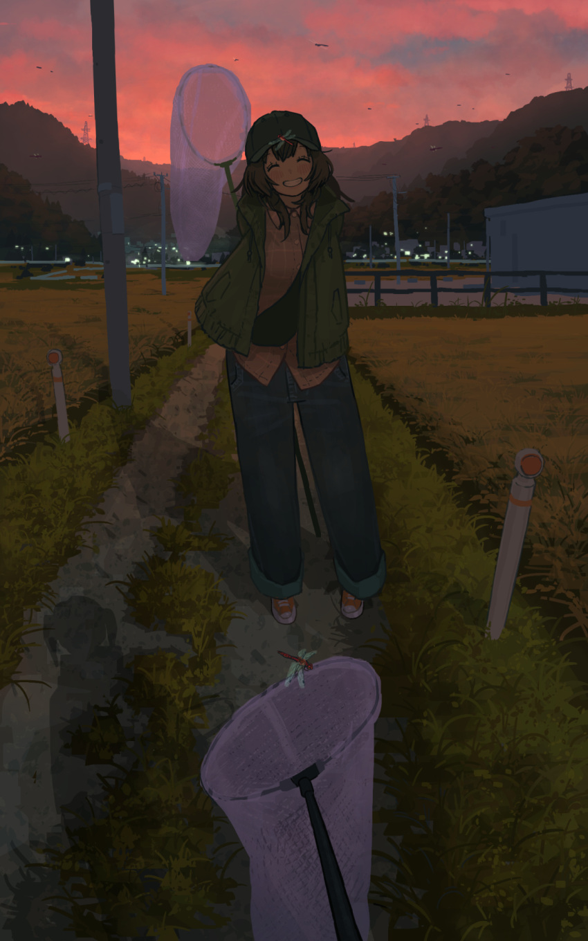 2girls arms_behind_back baseball_cap blush brown_hair bug butterfly_net closed_eyes dragonfly evening field grass grin hand_net hat highres long_hair multiple_girls natsuno_kanasemi original out_of_frame outdoors pants pov rural scenery shadow smile standing sunset