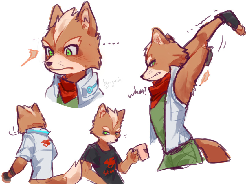 anthro brown_body brown_fur canid canine clothed clothing ellipsis fingerless_gloves fox fox_mccloud fur gloves green_eyes handwear hi_res jacket male mammal motion_lines multicolored_body multicolored_fur nintendo pruh scarf shirt signature simple_background solo star_fox stretching text text_on_clothing text_on_shirt text_on_topwear topwear two_tone_body two_tone_fur video_games whiskers white_background