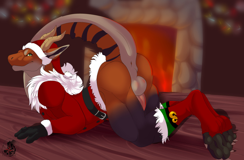 anthro balls butt christmas clothing dragon drakons fireplace genitals hi_res holidays male noel_(disambiguation) omez paws penis sephir solo