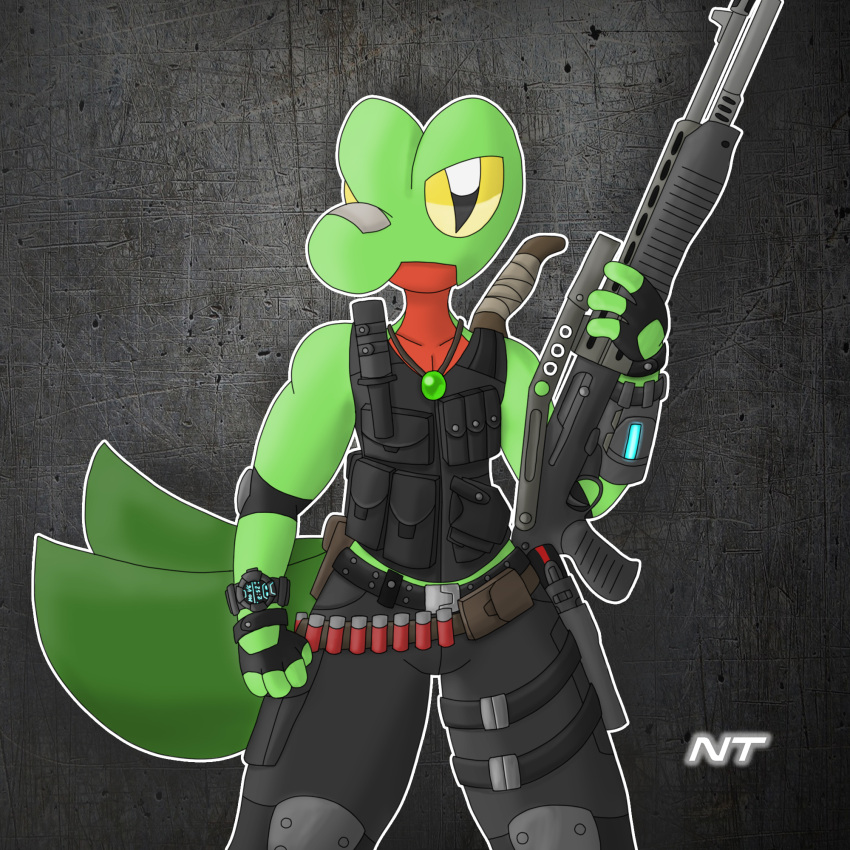 anthro bottomwear bulletproof_vest cargo_pants clock clothing elbow_pads fern_shinamori fingerless_gloves generation_3_pokemon gloves green_body gun handgun handwear hi_res holding_gun holding_object holding_weapon holster holstered_pistol jewelry knee_pads knife knife_sheath leg_holster male necklace ninjatreecko nintendo nose_bandage pants pokemon pokemon_(species) pokemorph pouches ranged_weapon shell_(projectile) shotgun shotgun_shell solo spas-12 standing tagme topwear treecko vest video_games watch weapon weapon_on_back yellow_eyes