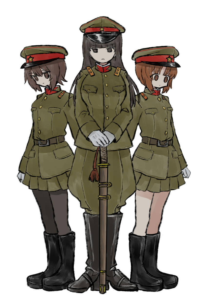 absurdres alternate_costume bangs belt black_belt black_footwear black_hair black_pantyhose blunt_bangs boots brown_eyes brown_hair closed_mouth combat_boots frown girls_und_panzer gloves green_headwear green_jacket green_pants green_skirt hat highres holding holding_sword holding_weapon imperial_japanese_army jacket katana long_hair long_sleeves looking_at_viewer looking_to_the_side military military_hat military_uniform miniskirt mother_and_daughter nishizumi_maho nishizumi_miho nishizumi_shiho own_hands_together pants pantyhose peaked_cap pleated_skirt ri_(qrcode) sheath sheathed short_hair siblings side-by-side simple_background sisters skirt standing star_(symbol) straight_hair sword uniform weapon white_background white_gloves