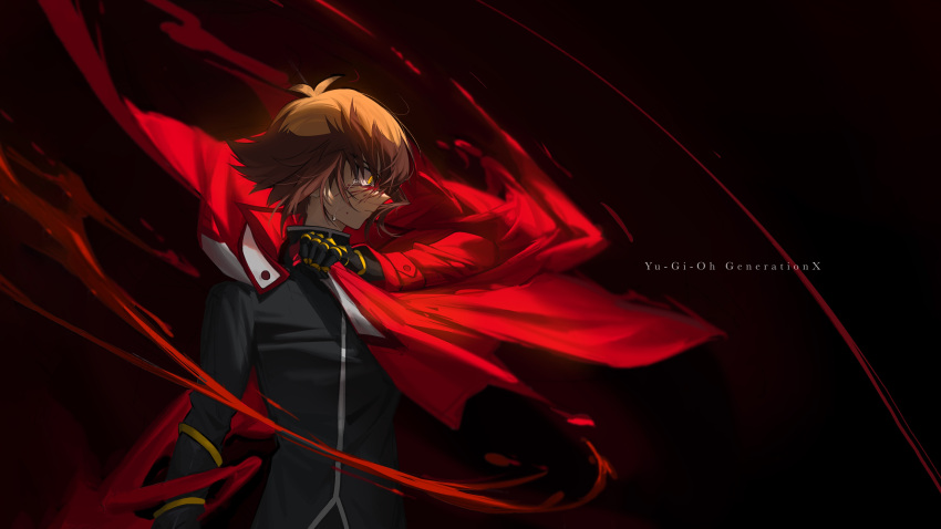 1boy absurdres bangs black_background black_shirt blood blood_on_face brown_hair closed_mouth copyright_name ditto_(specular) duel_academy_uniform_(yu-gi-oh!_gx) duel_disk gauntlets hair_between_eyes highres jacket jacket_on_shoulders long_hair long_sleeves male_focus multicolored_hair open_clothes open_jacket profile red_footwear red_jacket shiny shiny_hair shirt smile solo standing tears two-tone_hair upper_body yellow_eyes yu-gi-oh! yu-gi-oh!_gx yuuki_juudai