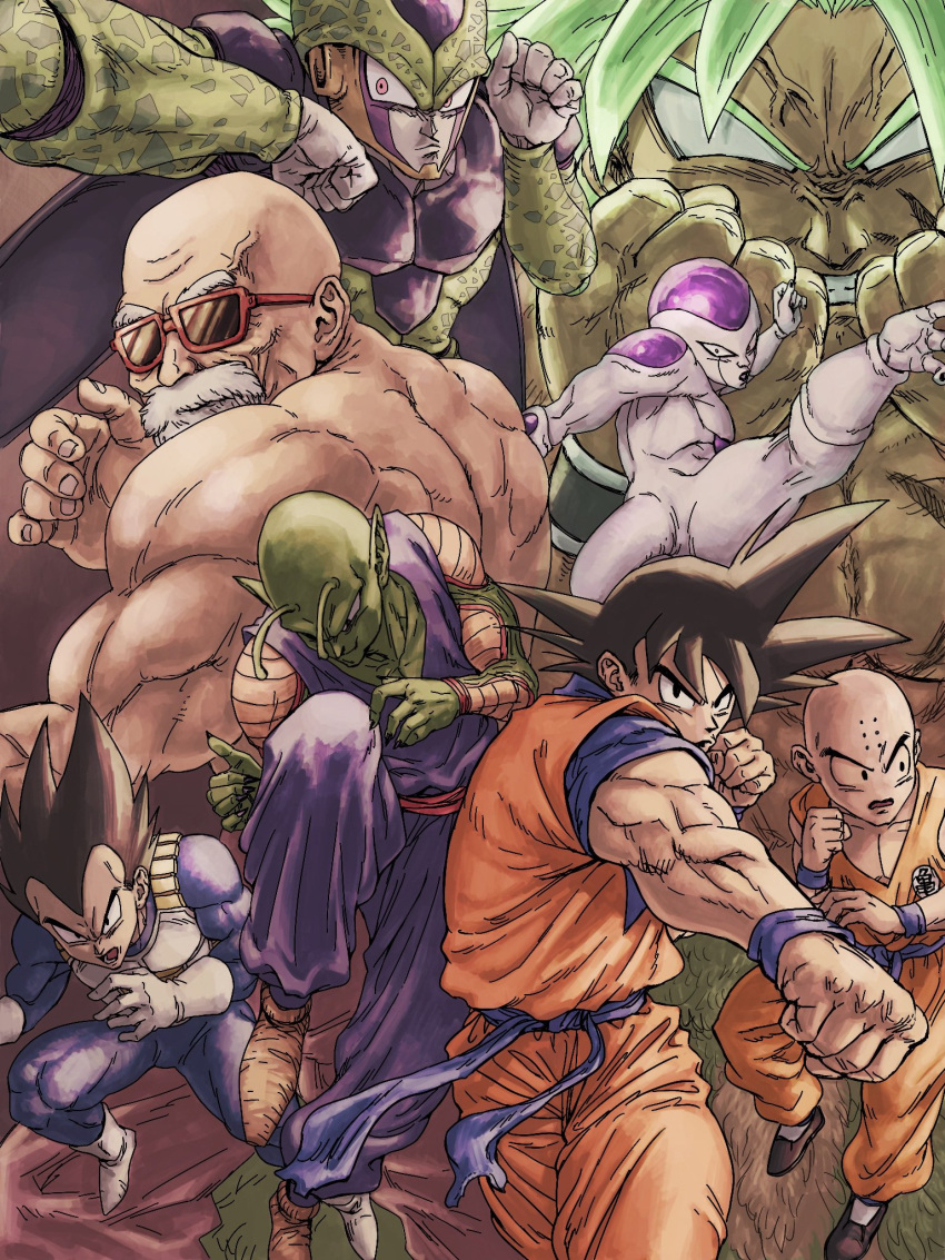 6+boys angry antennae bald beard biceps black_eyes black_hair broly_(dragon_ball_z) cell_(dragon_ball) collarbone colored_skin commentary_request dougi dragon_ball dragon_ball_z facial_hair frieza glaring gloves green_skin highres kuririn multiple_boys muscular muscular_male mustache muten_roushi nikuo old old_man open_mouth pectorals piccolo pointy_ears saiyan_armor serious son_goku spiked_hair sunglasses thick_eyebrows undershirt vegeta veins white_gloves wristband