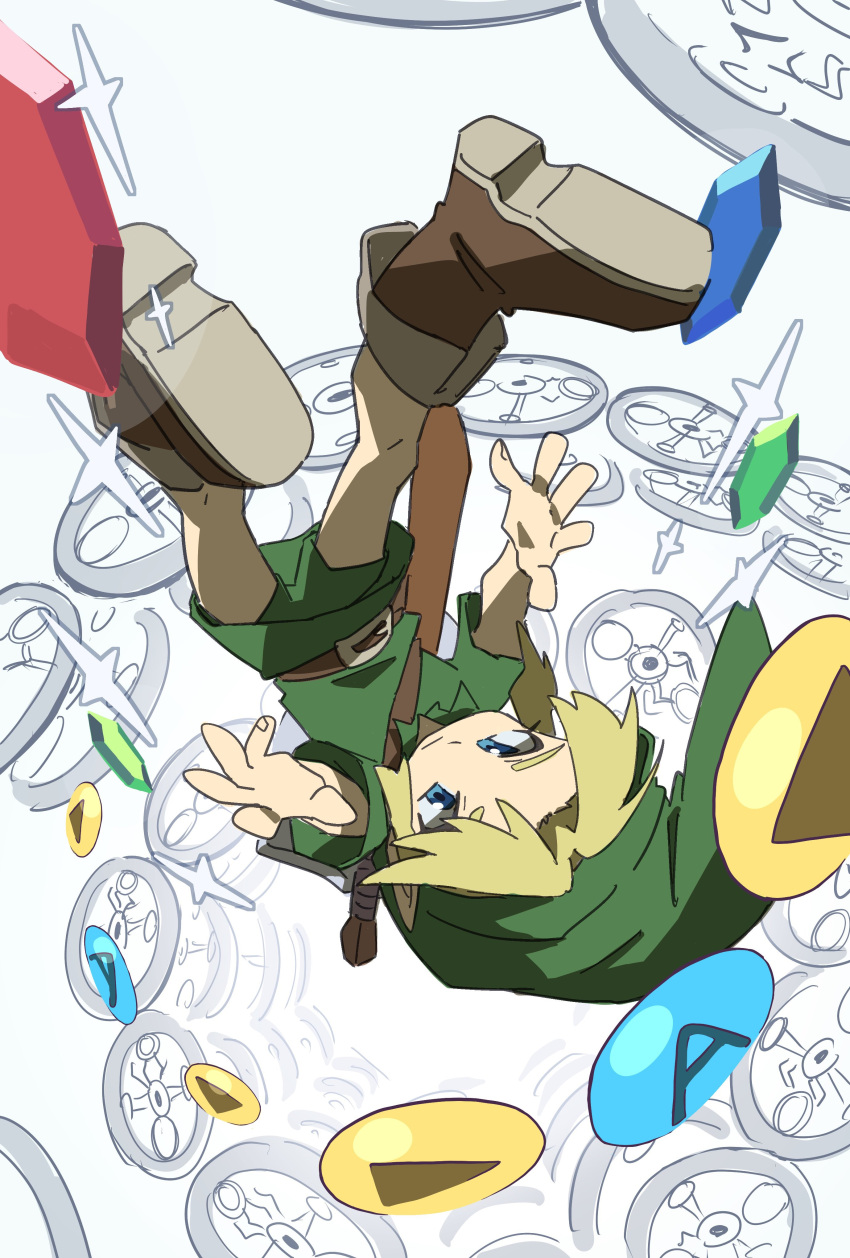 1boy absurdres blonde_hair blue_eyes boots brown_footwear clock closed_mouth falling gameplay_mechanics green_headwear green_shorts hat highres jacktaro link male_focus rupee sheath sheathed short_sleeves shorts solo sparkle sword the_legend_of_zelda the_legend_of_zelda:_majora's_mask tunic upside-down weapon weapon_on_back young_link