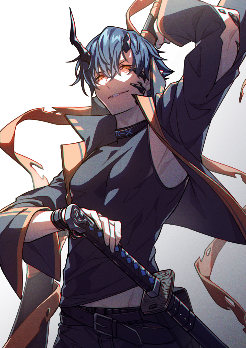 1boy absurdres arknights arm_up bangs belt black_shirt blue_hair broken_horn clenched_teeth flamebringer_(arknights) hand_on_hilt highres horns jacket katana long_sleeves looking_at_viewer male_focus open_clothes open_jacket orange_eyes sheath sheathed shirt short_hair solo sword teeth tewo_(tewowet) upper_body weapon