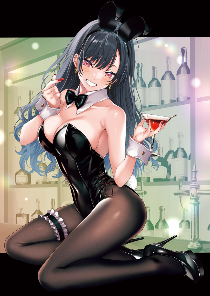 1girl alcohol animal_ears bangs bare_shoulders black_bow black_bowtie black_footwear black_hair black_leotard blush bow bowtie breasts brown_pantyhose butterfly_earrings cleavage collarbone cropped cup detached_collar drinking_glass earrings fake_animal_ears fake_tail grin hair_between_eyes hario_4 high_heels highleg highleg_leotard highres holding jewelry large_breasts legs leotard long_hair looking_at_viewer mole mole_under_eye nail_polish original pantyhose playboy_bunny purple_eyes rabbit_ears rabbit_tail red_nails side-tie_leotard smile solo strapless strapless_leotard tail thigh_strap third-party_source wine wrist_cuffs