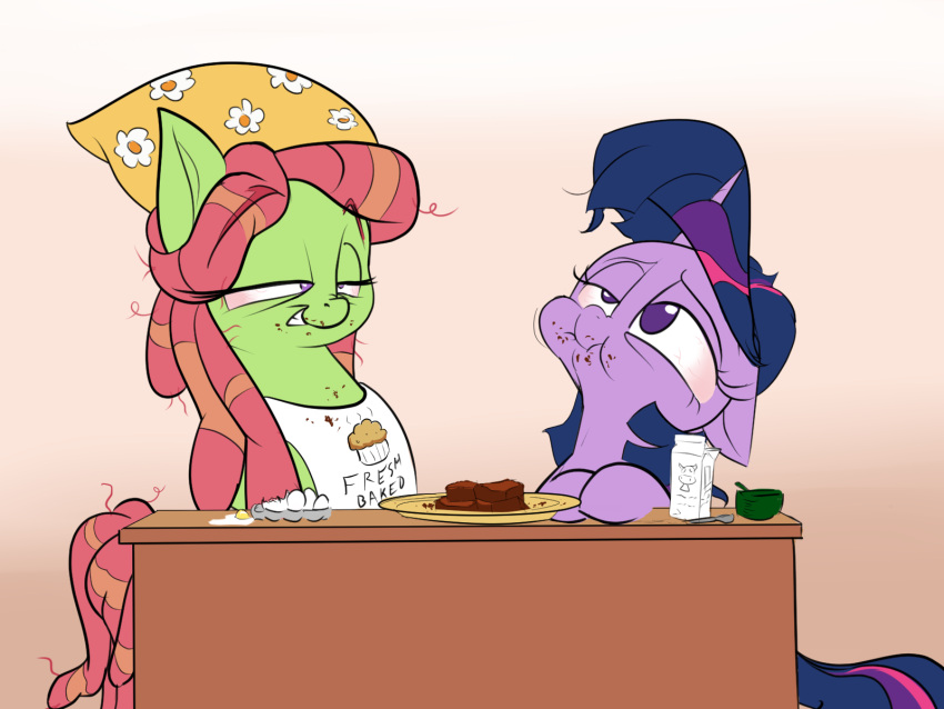 apron bloodshot_eyes brownie clothing dreadlocks drugs earth_pony equid equine friendship_is_magic hasbro hi_res horn horse mammal my_little_pony plate pony pot_brownie rocket-lawnchair stoned substance_intoxication tree_hugger_(mlp) twilight_sparkle_(mlp) unicorn