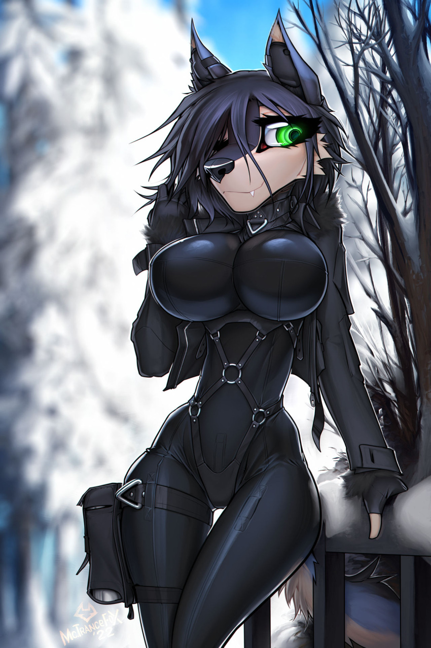 bdsm better_version_at_source black_body black_fur black_hair blue_body blue_fur bondage bound canid canine canis clothing cold curvy_figure eyelashes fangs female fingerless_gloves fur gloves green_eyes hair handwear headphones hi_res jacket macmegagerc mammal nancy_(macmegagerc) one_eye_closed one_eye_obstructed plant rubber rubber_clothing rubber_suit slim small_waist snow solo thigh_gap thigh_pouch topwear tree wide_hips winter wolf