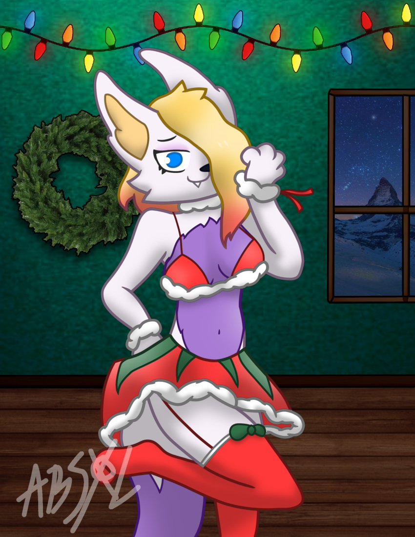 absoldraws absurd_res anthro blonde_hair blue_eyes bottomwear bow_(feature) bra breasts canid canine christmas clothed clothing clothing_lift curvaceous curvy_figure dash domestic_cat exposed_breasts eyelashes felid feline felis female festive flirting fox fur hair hi_res holidays hybrid legwear lingerie makeup male male/female mammal midriff pink_hair pinup pose purple_body purple_fur raised_bottomwear raised_clothing raised_leg raised_skirt red_clothing revealing_breasts revealing_clothes revealing_outfit skimpy skimpy_topwear skirt skirt_lift solo stockings thigh_highs underwear voluptuous white_body white_fur winter