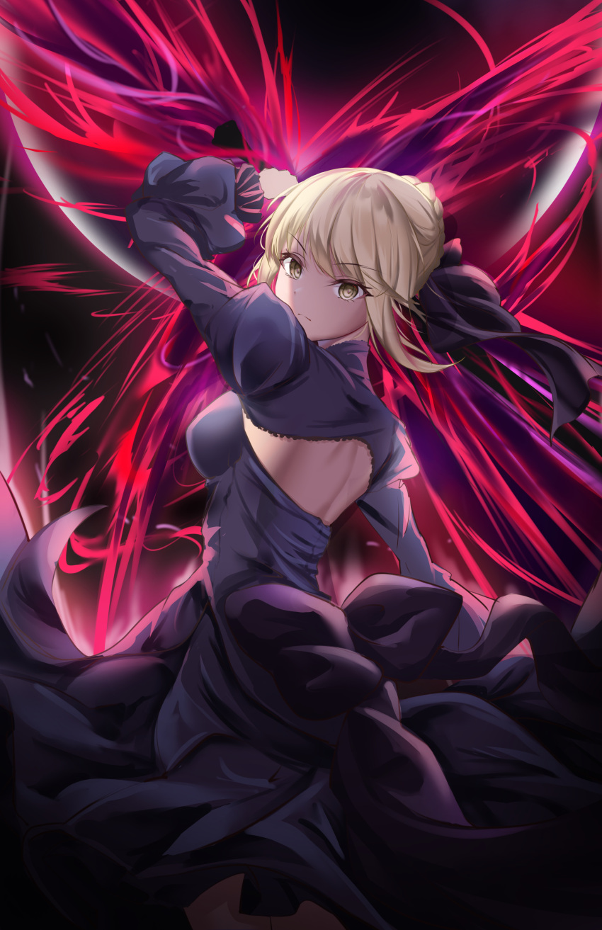 1girl absurdres ahoge artoria_pendragon_(fate) back_cutout bangs black_dress black_ribbon blonde_hair braid breasts clothing_cutout dark_persona dress excalibur_(fate/stay_night) excalibur_morgan_(fate) fate/grand_order fate/stay_night fate_(series) french_braid gothic_lolita hair_ribbon hands_up highres holding holding_sword holding_weapon large_breasts lolita_fashion long_sleeves looking_at_viewer looking_back monogatari0204 official_alternate_costume ribbon saber_alter solo sword weapon yellow_eyes