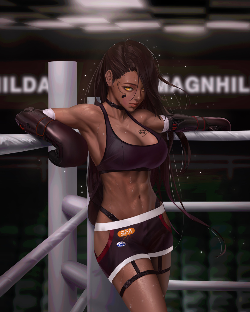 1girl abs absurdres armpits bandaged_arm bandages black_choker black_tank_top boxing_gloves boxing_ring breast_tattoo breasts brown_hair choker cleavage closed_mouth commentary crop_top dark-skinned_female dark_skin elbow_gloves facial_mark feet_out_of_frame fieryonion garter_straps girls'_frontline gloves hair_over_one_eye highres hip_vent indoors large_breasts lips long_hair looking_at_viewer magnhilda_(girls'_frontline_nc) muscular muscular_female navel one_eye_covered solo tank_top tattoo thigh_strap very_long_hair water_drop wet yellow_eyes